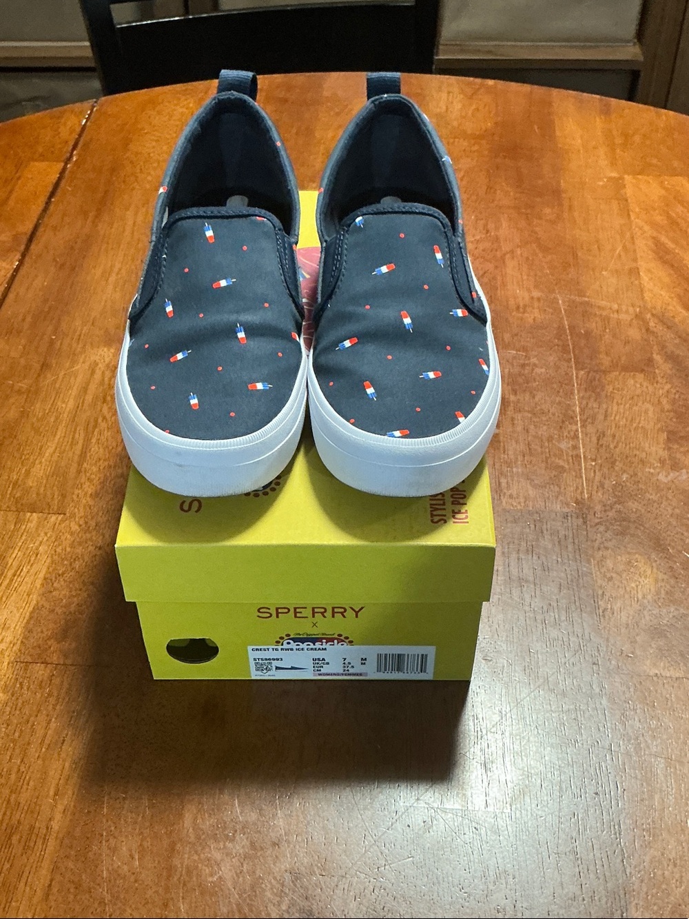 Sperry Navy Slip-On Sneakers with Red & White Popsicle Print